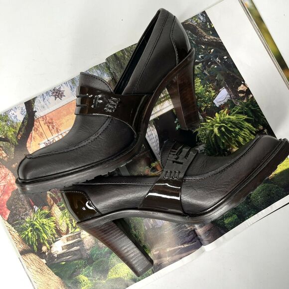 NavyBoot Dark Brown Italian Leather Chunky Heel Loafer Pumps size 37 (6.5) - Picture 1 of 8